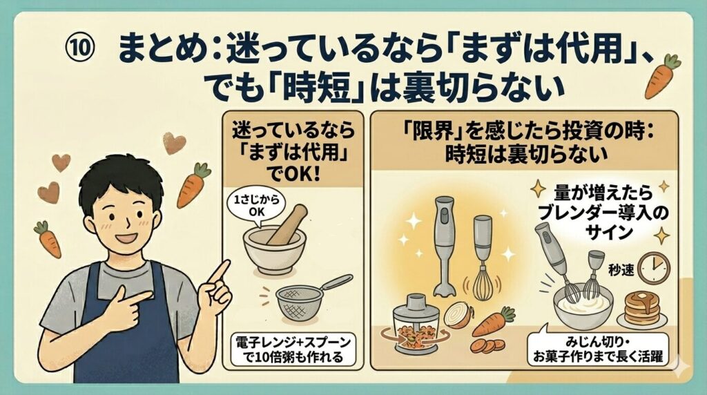 まとめ：迷っているなら「まずは代用」、でも「時短」は裏切らない